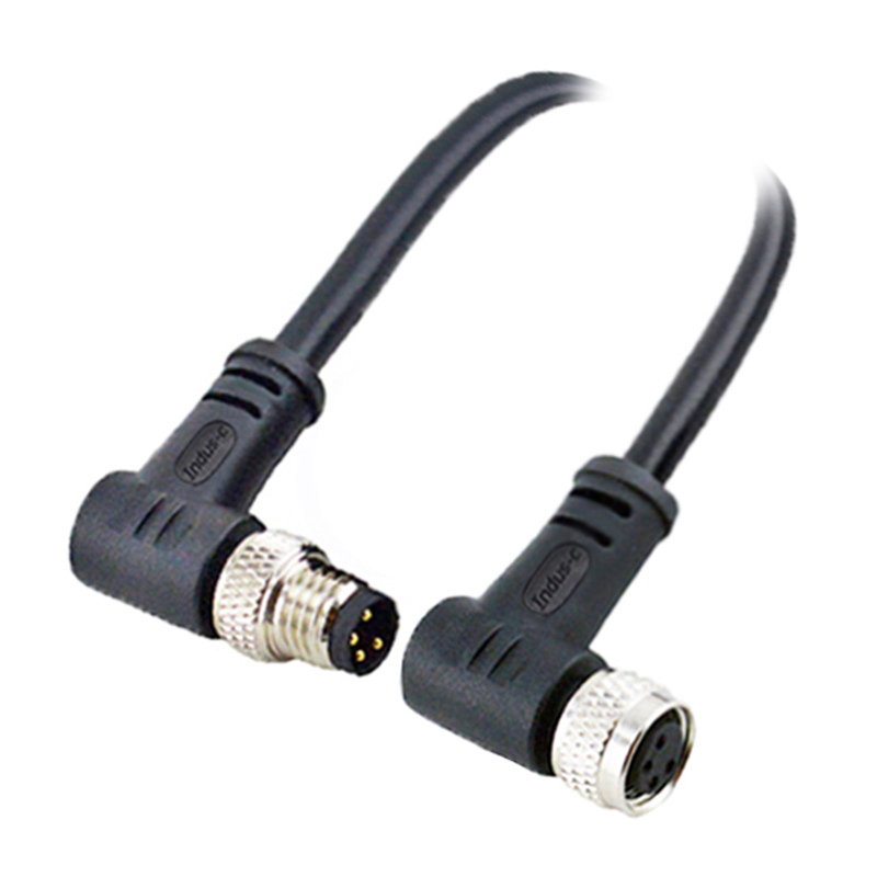 M8 4pins A code male to female right angle molded cable,unshielded,PVC,-40°C~+105°C,24AWG 0.25mm²,brass with nickel plated screw